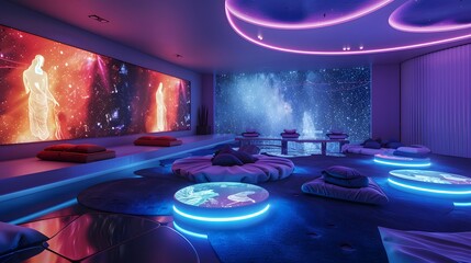 Futuristic Meditation Room with Neon Lights and Starry Sky Projections