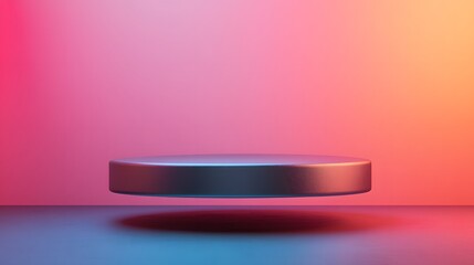 A floating round podium with a metallic surface, suspended in mid-air with a soft shadow cast below, against a gradient background.