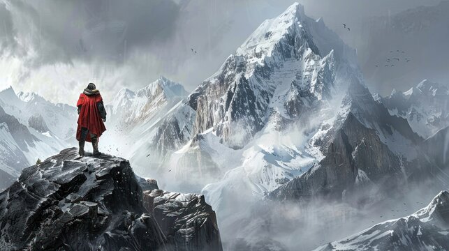 A lone figure stands atop a rocky mountain peak, gazing at a majestic snow-capped mountain range.