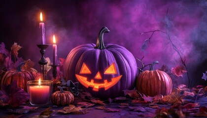 Halloween Fantasy Scene with Pumpkins, Candles, and Bats on Purple Background