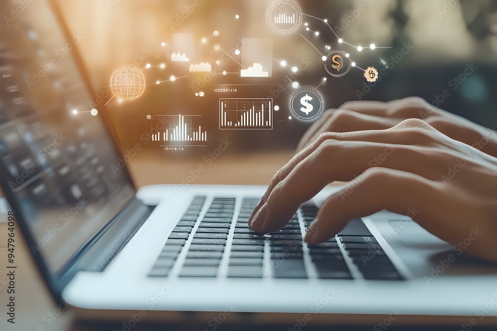Poster hands typing on laptop keyboard with digital financial data visualization