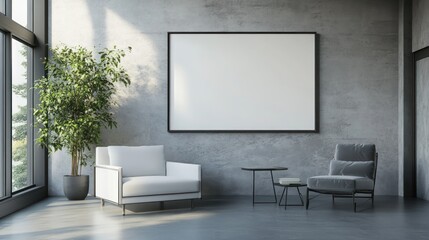 Modern Living Room with a Large Blank Canvas on a Concrete Wall