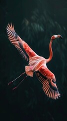 a flamingo in flight with its wings spread wide, capturing the grace and beauty of its aerial movement.