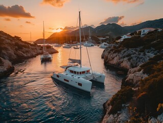 25 meter long catamaran yacht in tropical island marina among other smaller yachts and boats