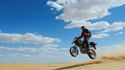 Naklejka premium A motorcyclist rides on one wheel on the sand 