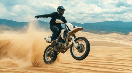 A motorcyclist rides on one wheel on the sand 