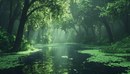 Fototapeta premium Mysterious Forest with Sunlight Filtering Through Trees