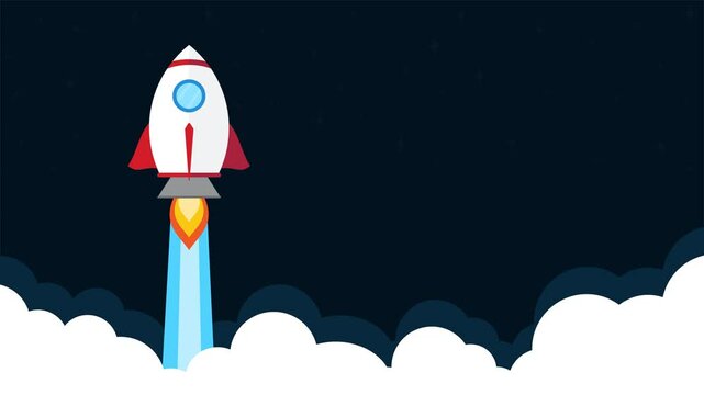 Animation rocket launch in the night sky flying over clouds and stars. suitable for advertising business needs. with copy space area