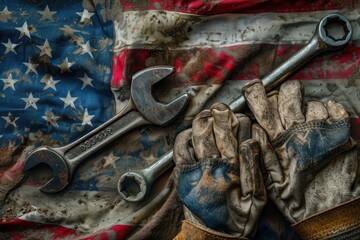 Happy Labor day concept. American flag with different construction tools on dark wooden background, Worn work glove holding old wrench and US American flag. labor day, happy labor day