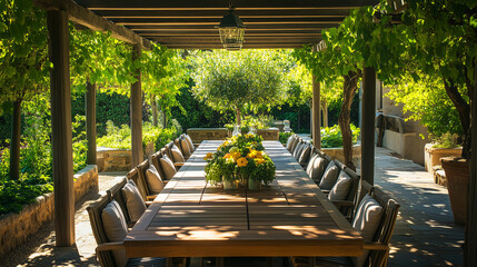 Elegant outdoor dining area under a canopy of trees, featuring a long wooden table, comfortable chairs with cushions, and a centerpiece of fresh flowers, ideal for an alfresco meal
