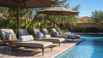 Elegant poolside lounge area with cushioned chaise lounges, a large umbrella for shade, and a side table holding refreshing drinks, all set against a backdrop of a sparkling blue pool