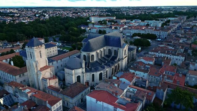 Cathedral of Saint-Louis and cityscape, La Rochelle, Charente Maritime in France. Aerial drone view