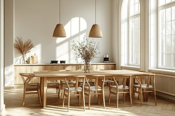 A large wooden dining table is surrounded by many chairs
