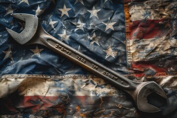 Happy Labor day concept. American flag with different construction tools on dark wooden background, Worn work glove holding old wrench and US American flag. labor day, happy labor day