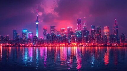 36. A glowing neon cityscape seen from a distance, with pastel lights dotting the skyline and reflecting in the water below