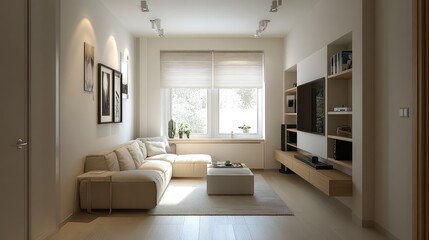 A small, minimalist living room with a narrow layout, neutral tones, and a few carefully selected decorative elements.