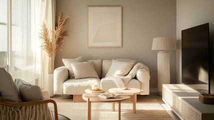 A small, minimalist living room with a narrow layout, neutral tones, and a few carefully selected decorative elements.