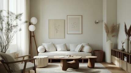 A small, minimalist living room with a narrow layout, neutral tones, and a few carefully selected decorative elements.