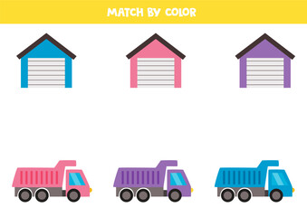 Color matching game for preschool kids. Match trucks and garages by colors.