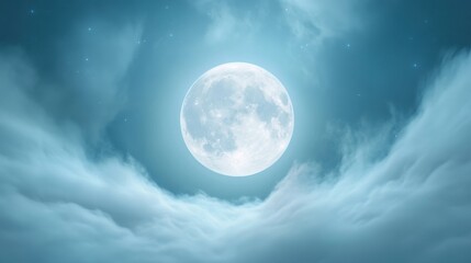 Fototapeta premium A large, bright moon is shining through the clouds on a clear night