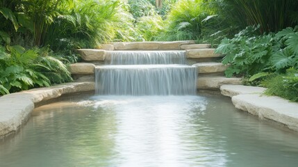 A small waterfall is flowing down a stone wall