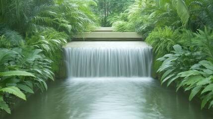 A waterfall is flowing into a pond with lush green plants surrounding it