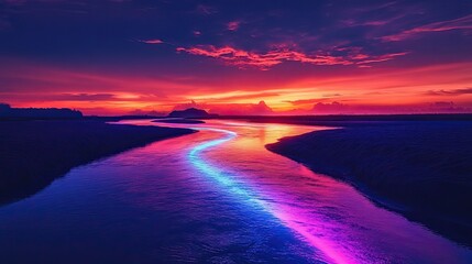 Fototapeta premium 27. A glowing neon river, winding through a dark landscape, with soft pastel colors reflecting off the water's surface