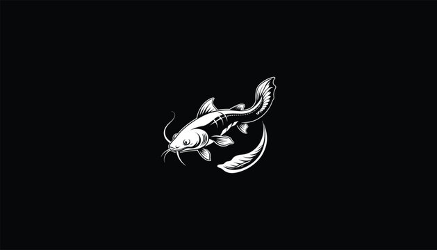 recommend clip art: Goonch Catfish Logo, Minimalist Vector Design, Large Size, Whisker-Like Barbels, Streamlined Body, White Outline, Black Background