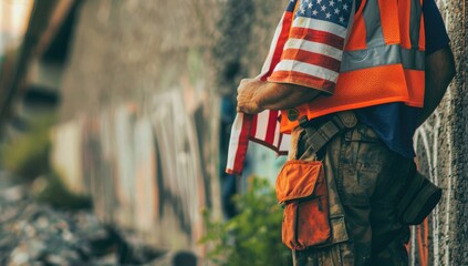 Attractive man in work clothes, holding tools and a US flag in his hands and looking into the distance against the background of trees, blue sky and sunset. View from the back. Labour Day Concept
