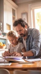 Fototapeta premium a father helping his child with homework at a kitchen table, emphasizing support and involvement.