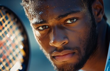 African American male tennis player resting, head on racket, intense expression, in a moment of pause