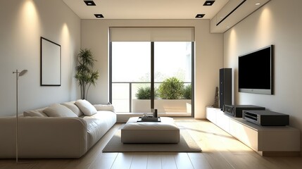 Fototapeta premium A narrow living room with minimalist, a sleek entertainment system, and a large window that floods the space with light.