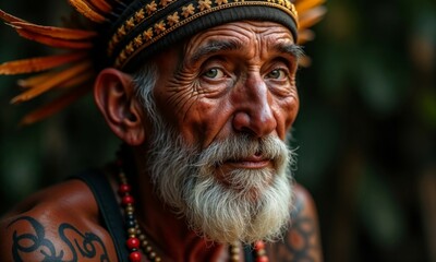 A man with a distinctive beard and tattoos wears a feathered hat