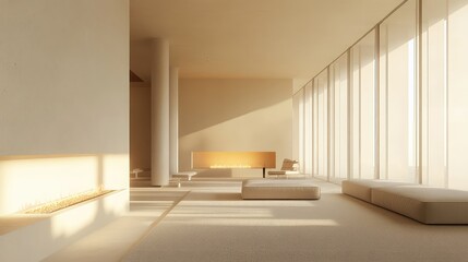 Fototapeta premium A narrow living room with a modern, minimalist design, featuring a sleek fireplace, simple furniture, and soft, natural lighting.