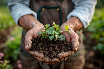 Nurturing Growth: Hands Holding Fresh Soil and Seedlings in a Lush Garden