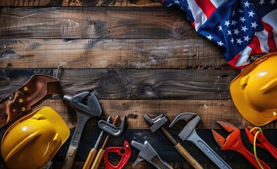 Happy Labor day concept. American flag with different construction tools on dark wooden background, Worn work glove holding old wrench and US American flag. labor day, happy labor day