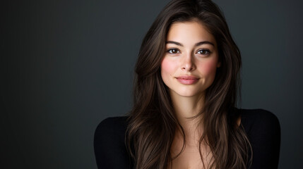 Naklejka premium Portrait of a young woman with long dark hair, wearing a black top, against a dark gray background. She has a neutral expression and is looking directly at the camera.