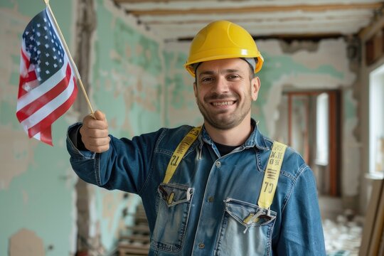 Handsome American construction worker smiling and waving an American flag in his hand, he is wearing blue overalls with yellow hard hat on head concept of labor day - Powered by Adobe
