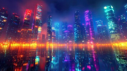 Naklejka premium 6. A futuristic cityscape at night, bathed in the glow of neon pastel lights, with skyscrapers reflecting the vibrant hues