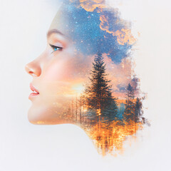 A woman's face is shown in a painting of a forest with trees and a sky. The painting has a dreamy, ethereal quality to it, with the woman's face appearing to be floating above the trees