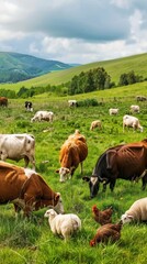 a group of farm animals, including cows, sheep, and chickens, peacefully grazing in a picturesque rural field.
