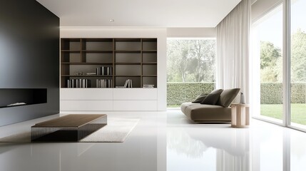 Fototapeta premium A modern, minimalist living area with sleek, built-in storage solutions and a neutral color palette.