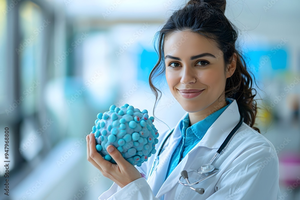 Poster smiling scientist holding a model of a virus in a laboratory setting