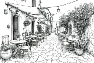 A street scene with a cafe and awnings