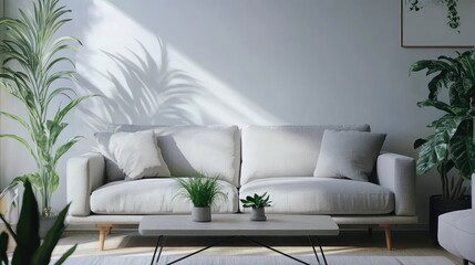 A minimalist living room with a narrow layout, featuring a light gray sofa, a geometric coffee table, and a few well-placed plants.