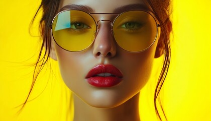Fototapeta premium Contemporary Woman in Fashionable Yellow Sunglasses with Blue Background