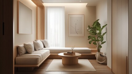 A cozy, narrow living space with minimalist furniture, a small coffee table, and natural wood accents.