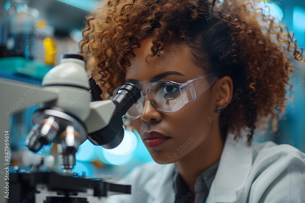 Poster focused scientist analyzing samples under a microscope in a modern laboratory
