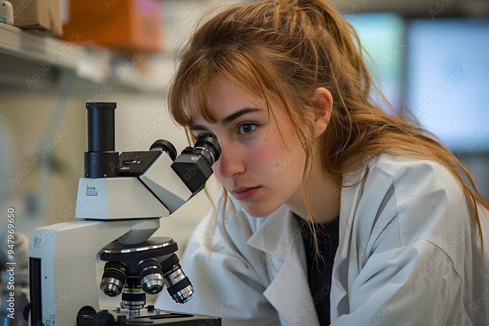 Aufkleber young scientist observing samples under a microscope in a laboratory setting