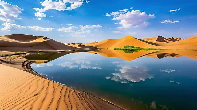 a desert oasis with a lake in the middle